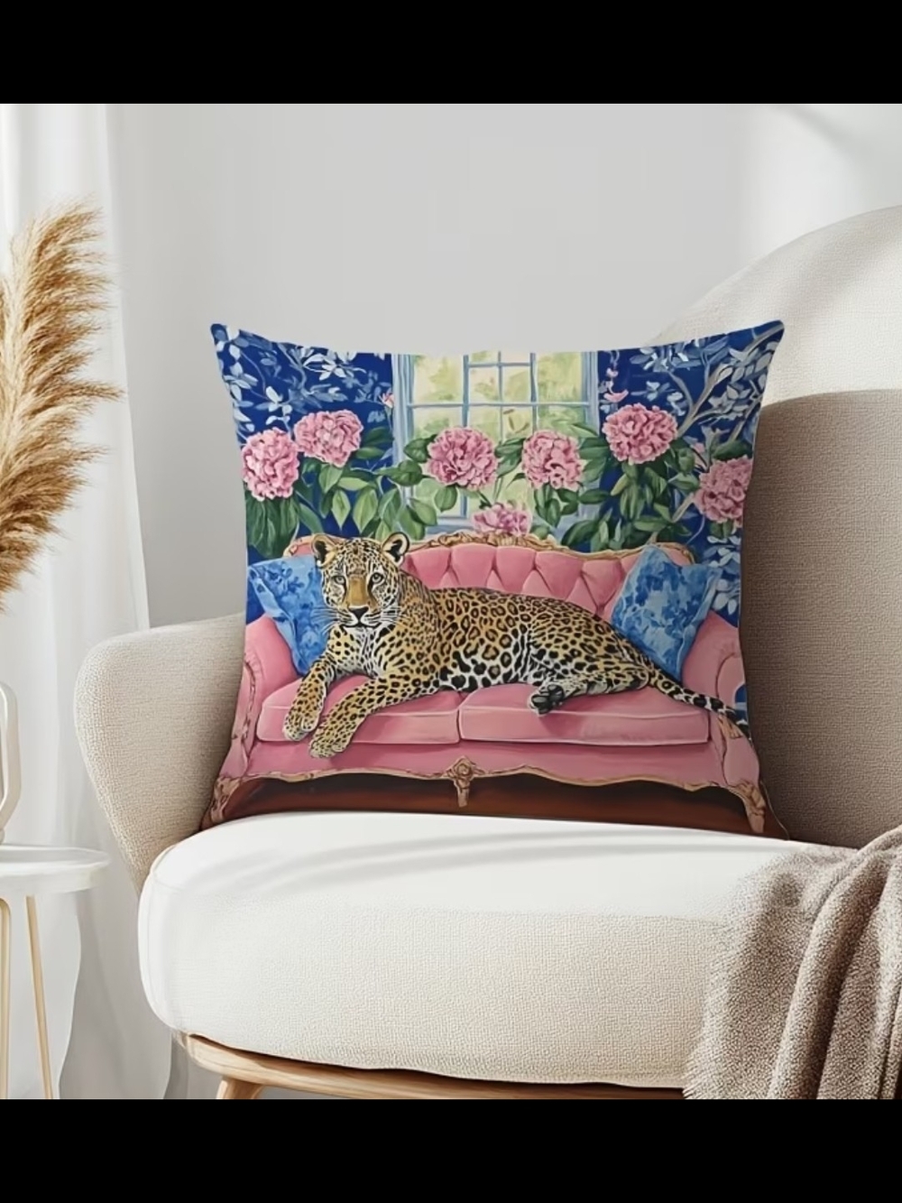 Decorative Leopard Accent Pillow - Pink, Blue & Green Floral